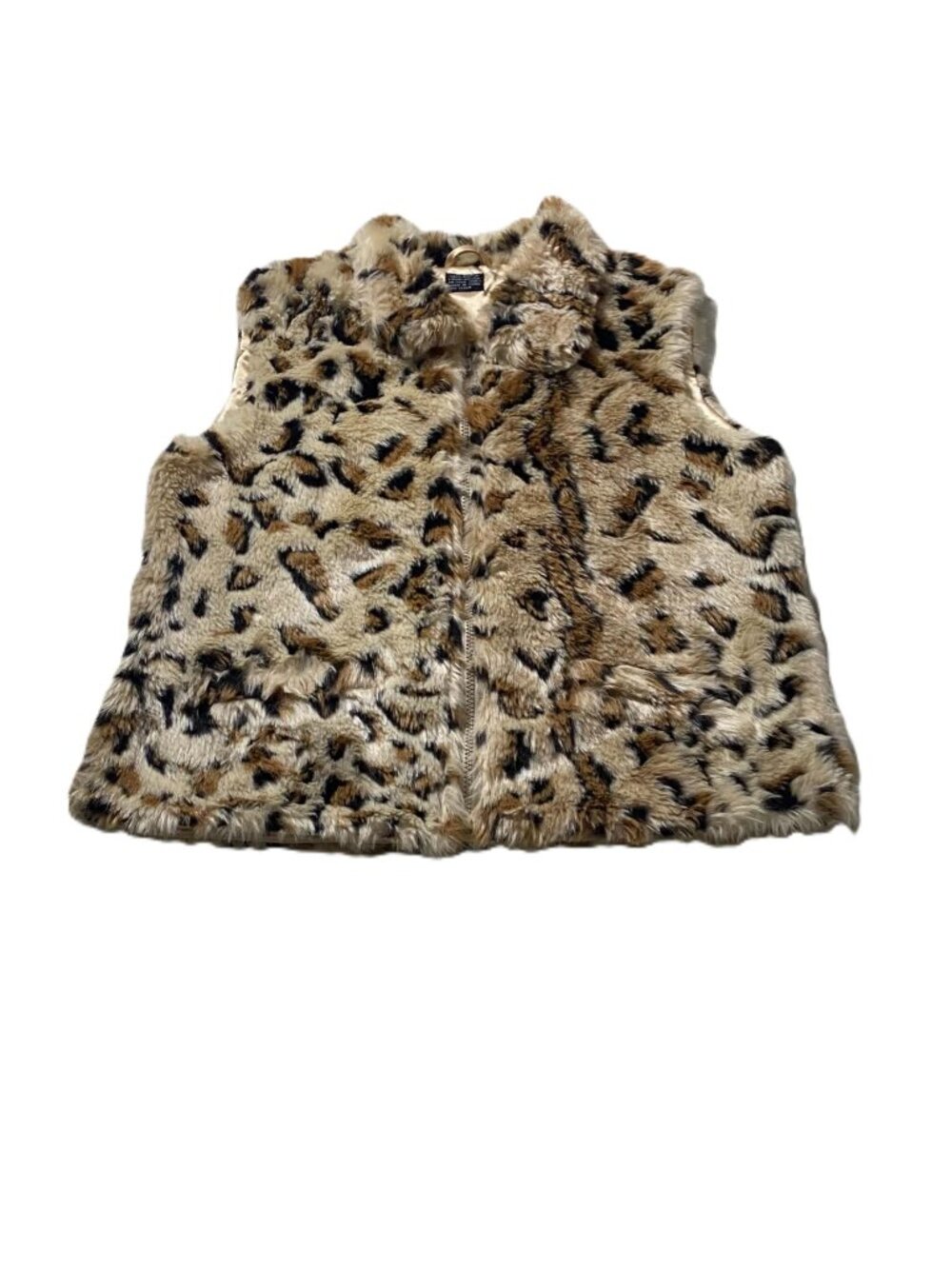 Women's Faux Fur Vest L Fits M Leopard Animal Print Tan Brown Black Zip